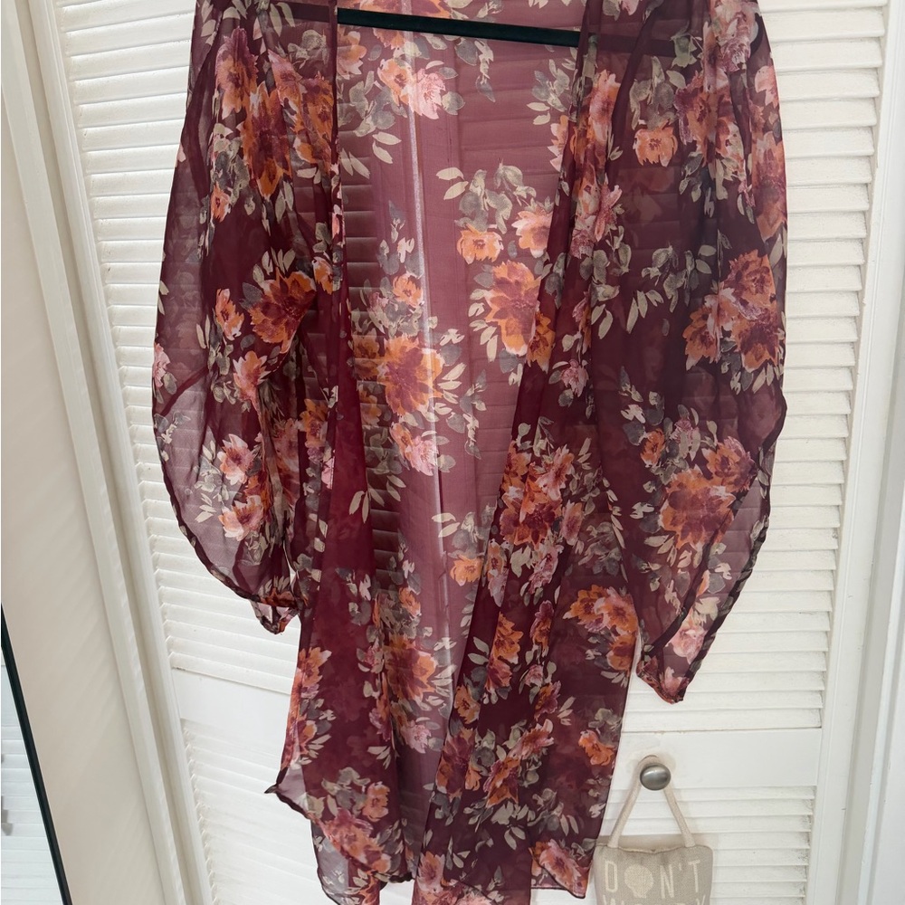 Sheer Floral Kimono Cardigan in Burgundy and Peach